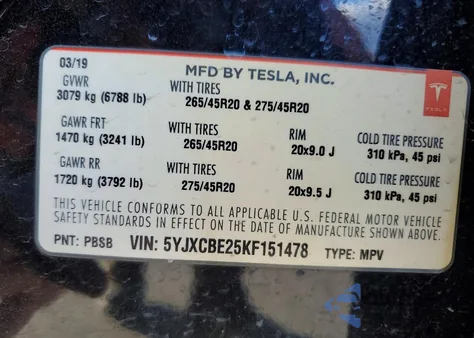 2019 Tesla Model X из США, поврежденный, VIN 5YJXCBE25KF151478